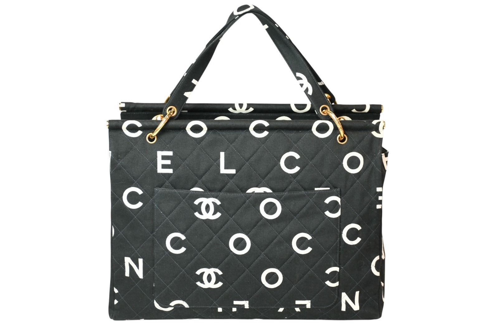Chanel Handbag Quilted Black White Cotton Canvas Gold