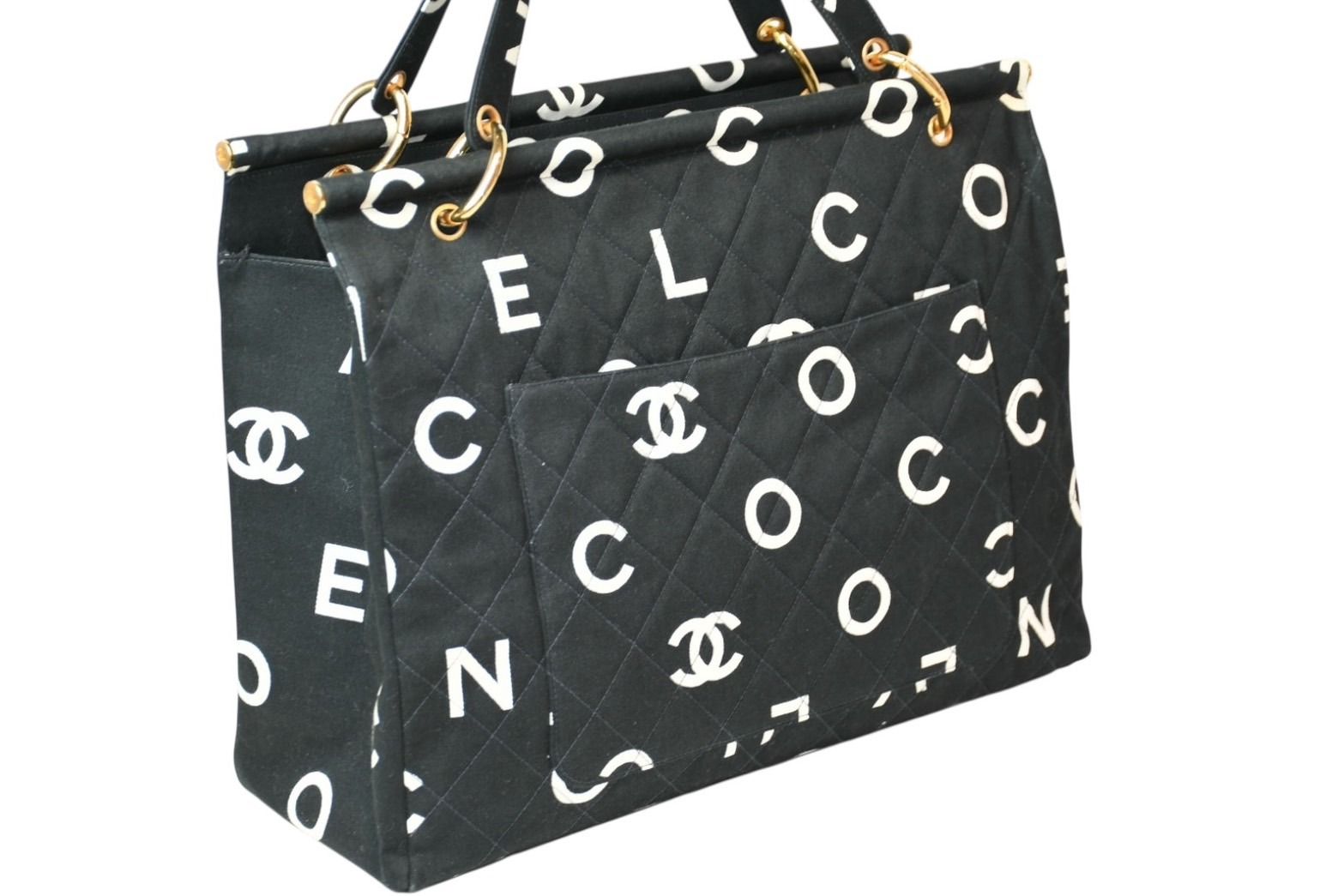 Chanel Handbag Quilted Black White Cotton Canvas Gold — view 3