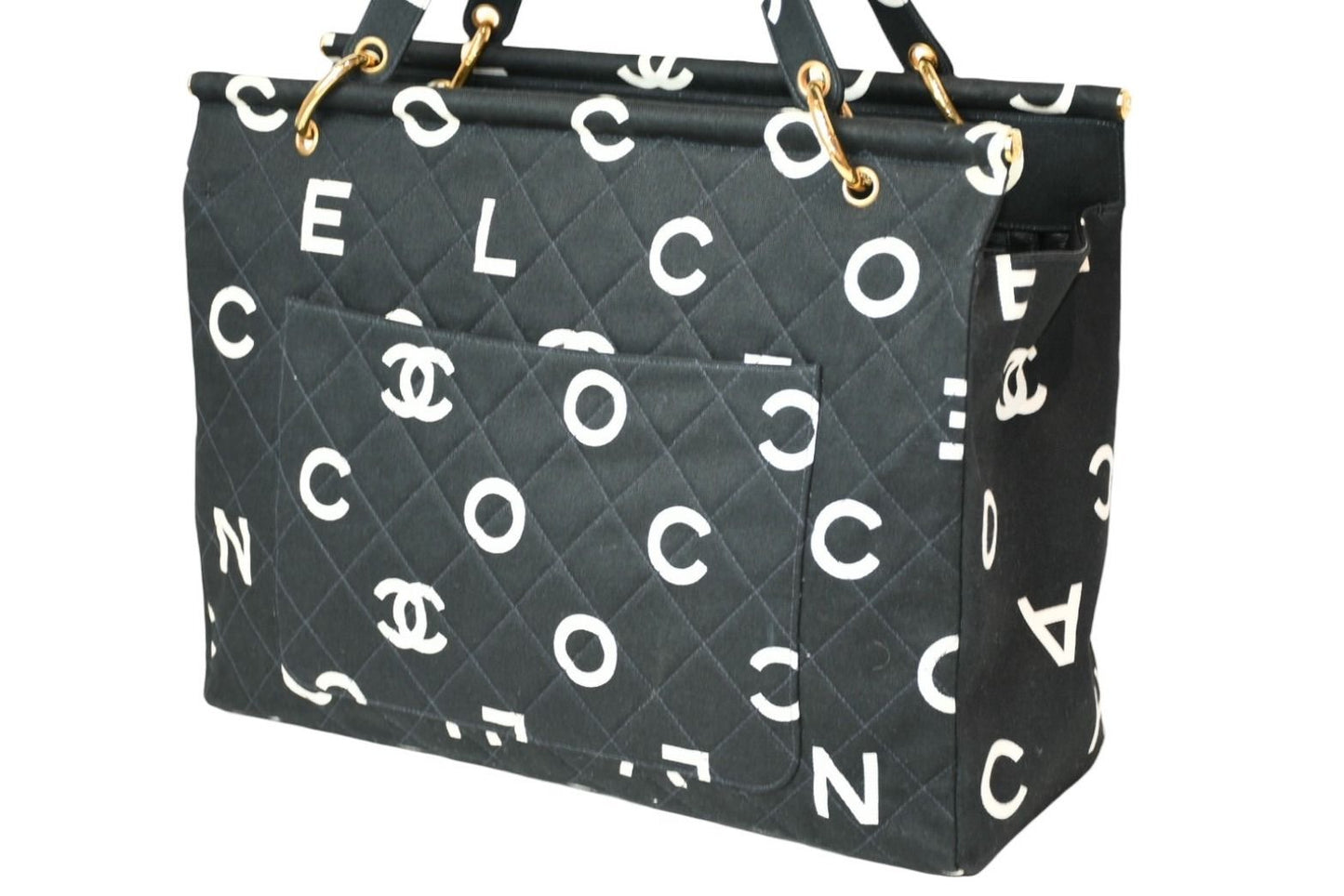 Chanel Handbag Quilted Black White Cotton Canvas Gold — view 4