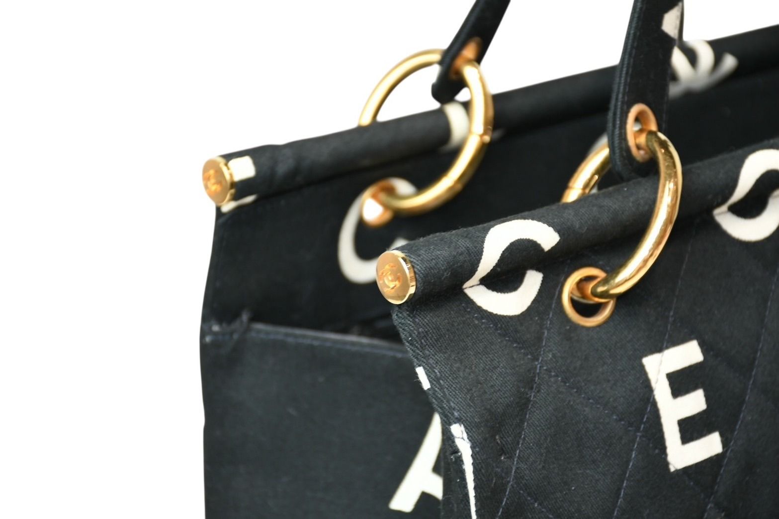 Chanel Handbag Quilted Black White Cotton Canvas Gold — view 6