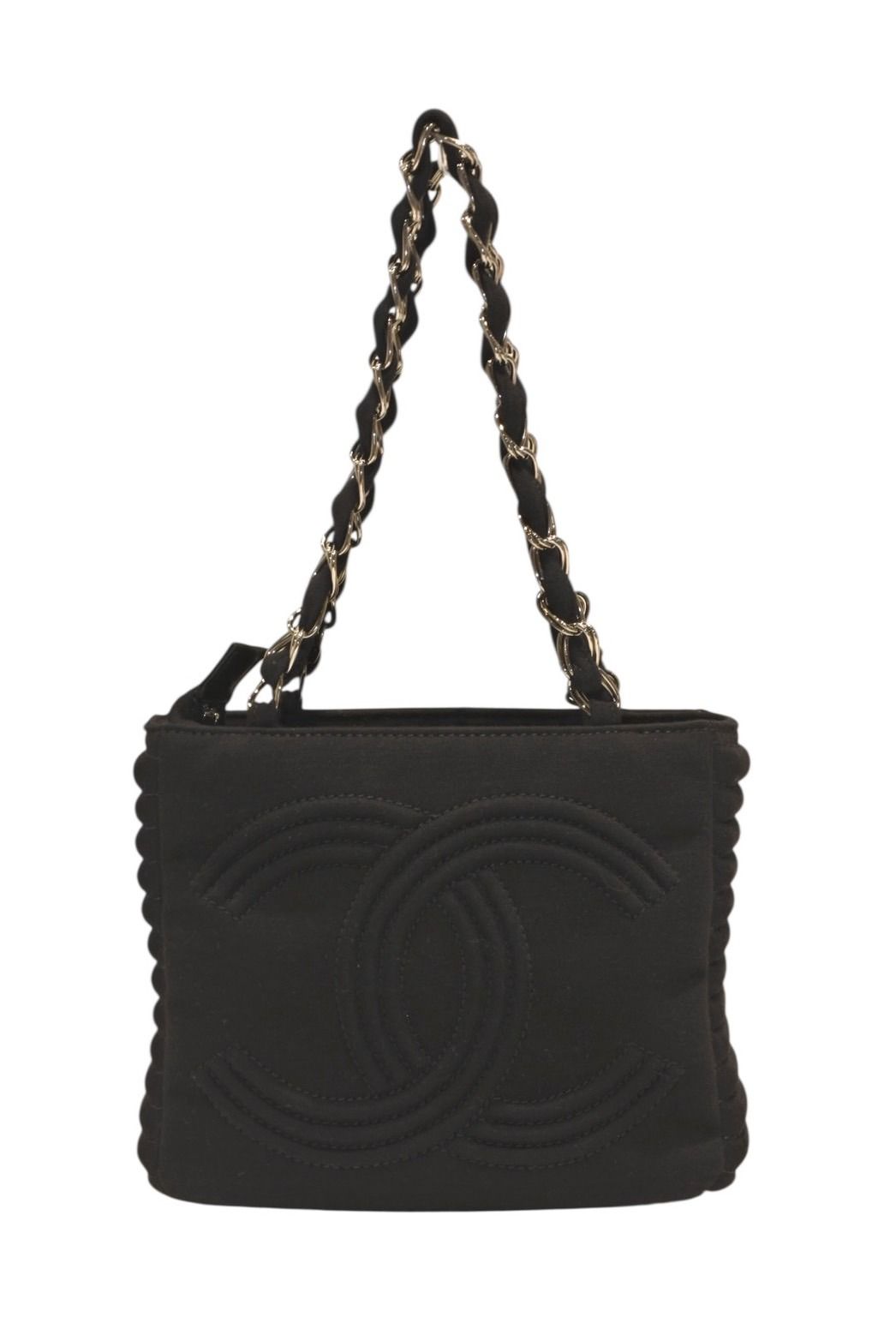 Chanel Chain Handbag CC Logo Quilted Black Cotton Jersey Silver