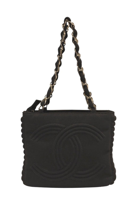 Chanel Chain Handbag CC Logo Quilted Black Cotton Jersey Silver