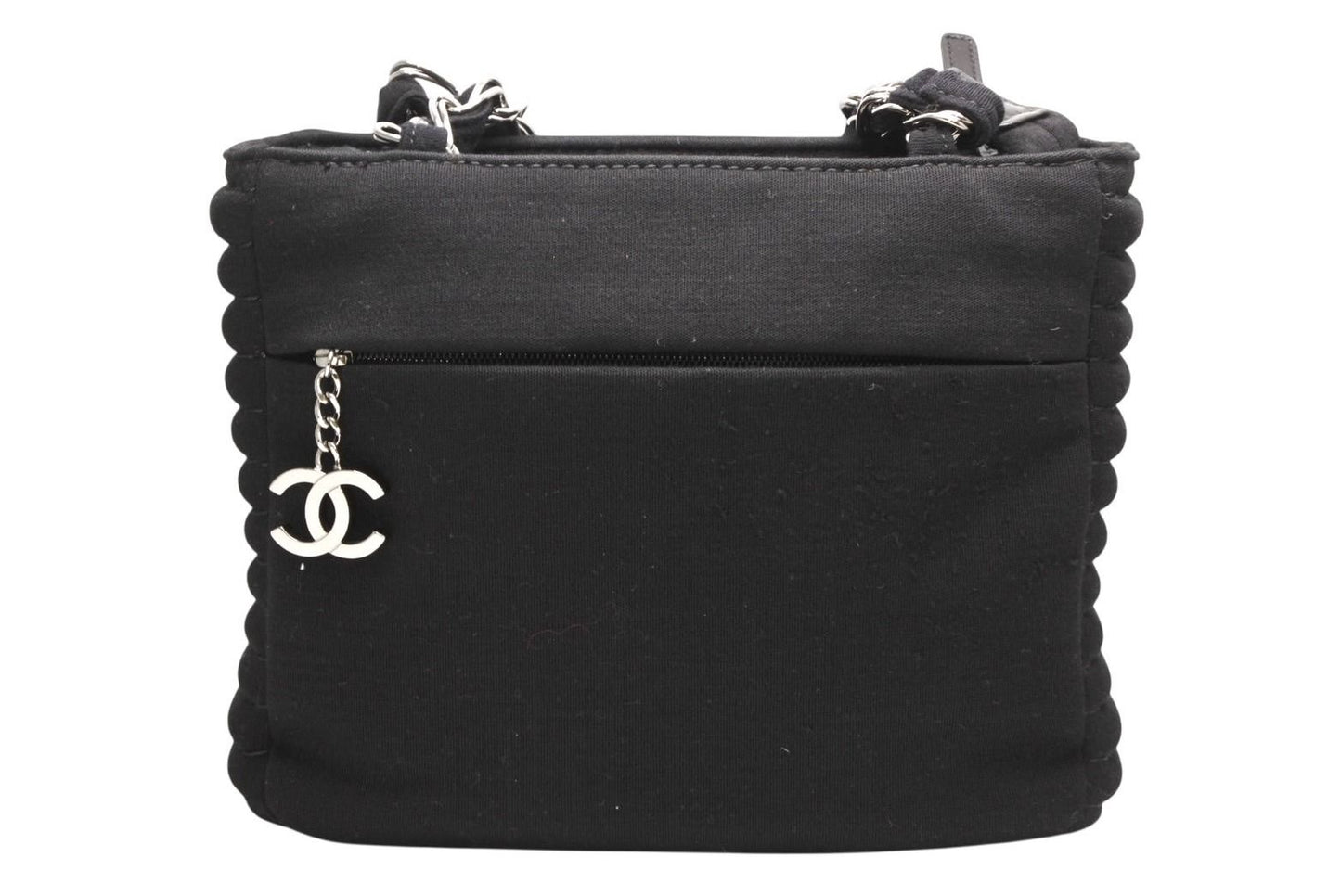 Chanel Chain Handbag CC Logo Quilted Black Cotton Jersey Silver — view 3