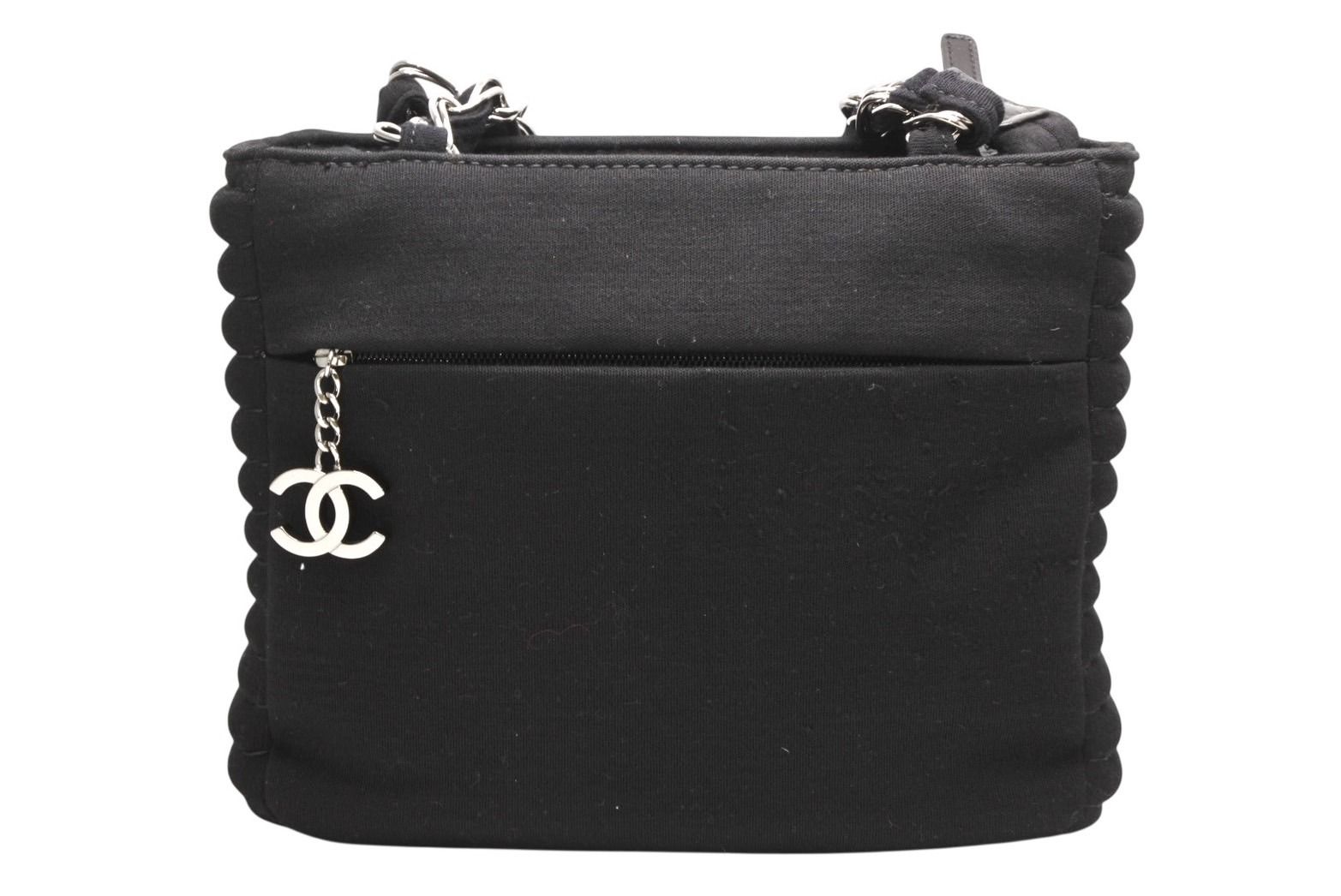 Chanel Chain Handbag CC Logo Quilted Black Cotton Jersey Silver — view 3