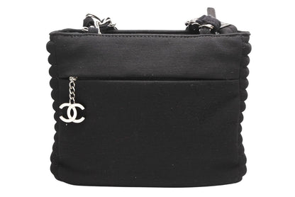 Chanel Chain Handbag CC Logo Quilted Black Cotton Jersey Silver — view 3