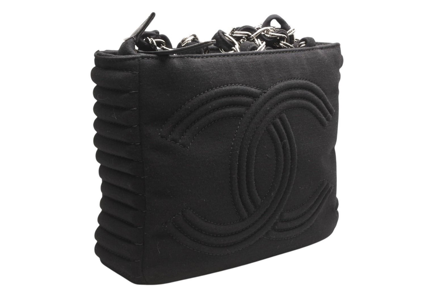 Chanel Chain Handbag CC Logo Quilted Black Cotton Jersey Silver — view 4