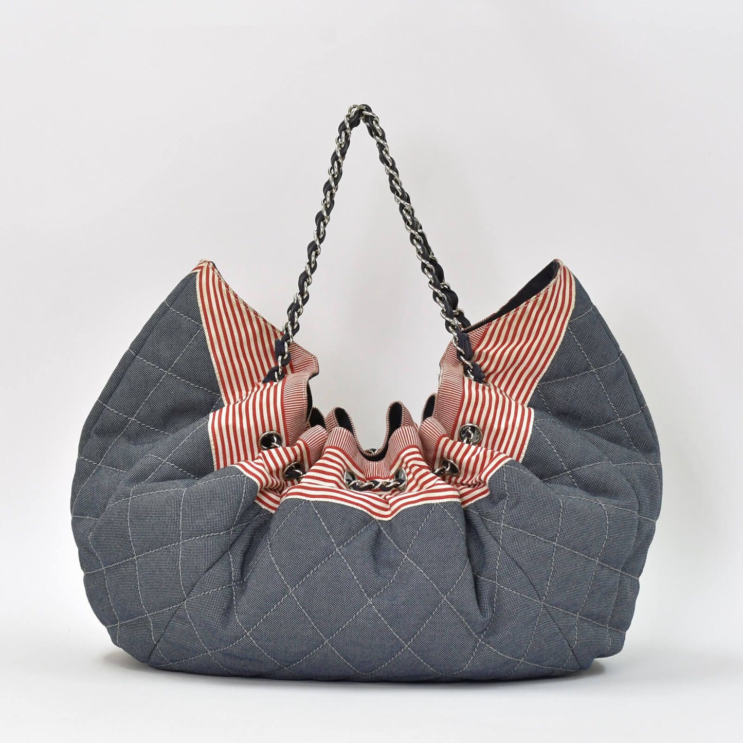 Chanel Coco Cabas GM Chain Tote Bag CC Logo Denim Canvas Stripe Silver — view 3