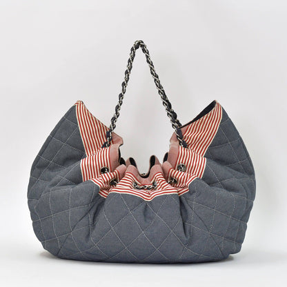 Chanel Coco Cabas GM Chain Tote Bag CC Logo Denim Canvas Stripe Silver — view 3