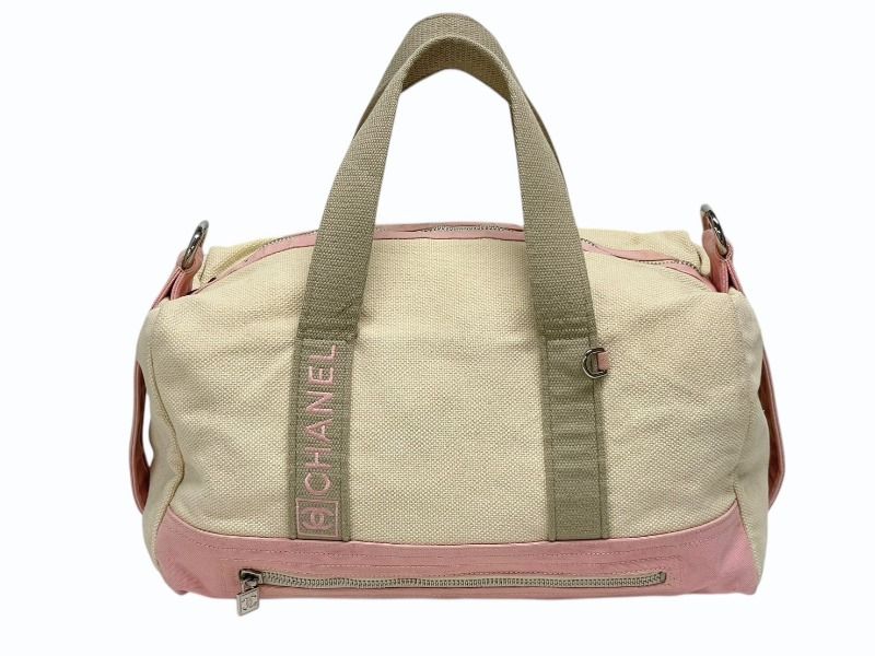Chanel Sports Line Boston Bag CC Logo Canvas Ivory Pink Silver