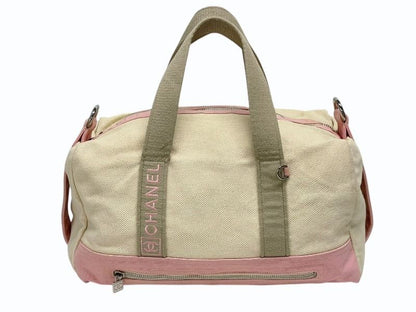 Chanel Sports Line Boston Bag CC Logo Canvas Ivory Pink Silver