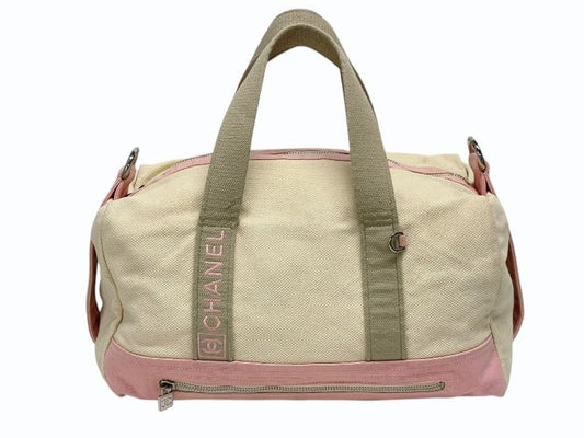 Chanel Sports Line Boston Bag CC Logo Canvas Ivory Pink Silver