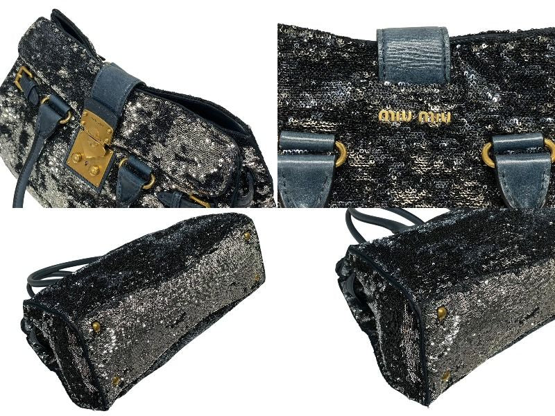 Miu Miu Tote Bag Sequins Leather Blue Navy Silver Gold — view 7