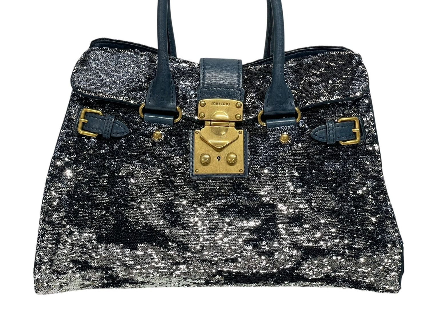 Miu Miu Tote Bag Sequins Leather Blue Navy Silver Gold — view 2