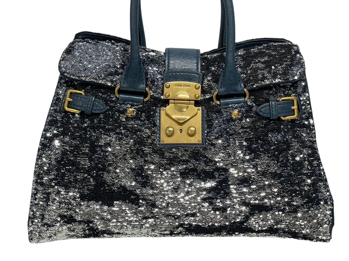 Miu Miu Tote Bag Sequins Leather Blue Navy Silver Gold — view 2