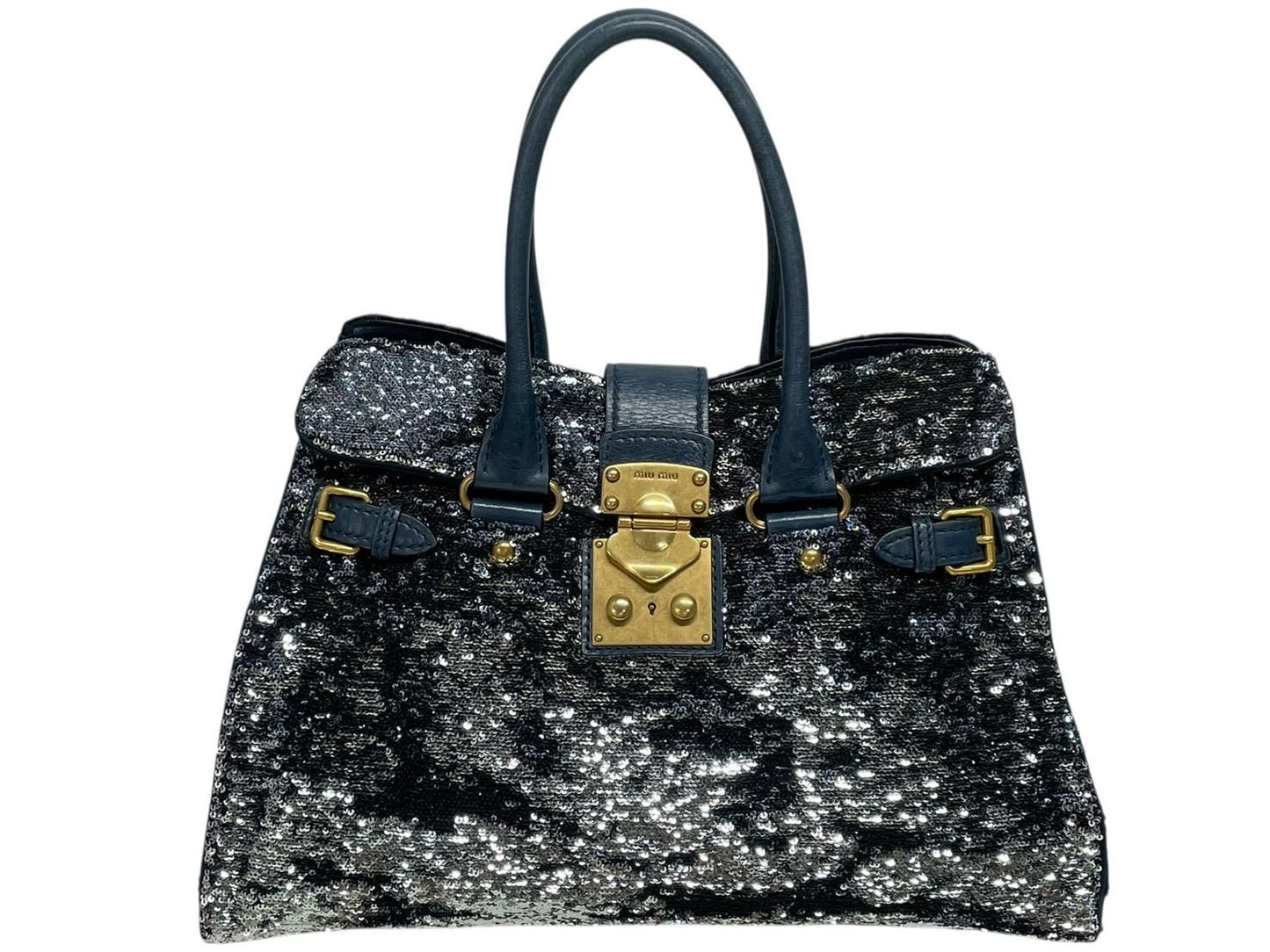 Miu Miu Tote Bag Sequins Leather Blue Navy Silver Gold