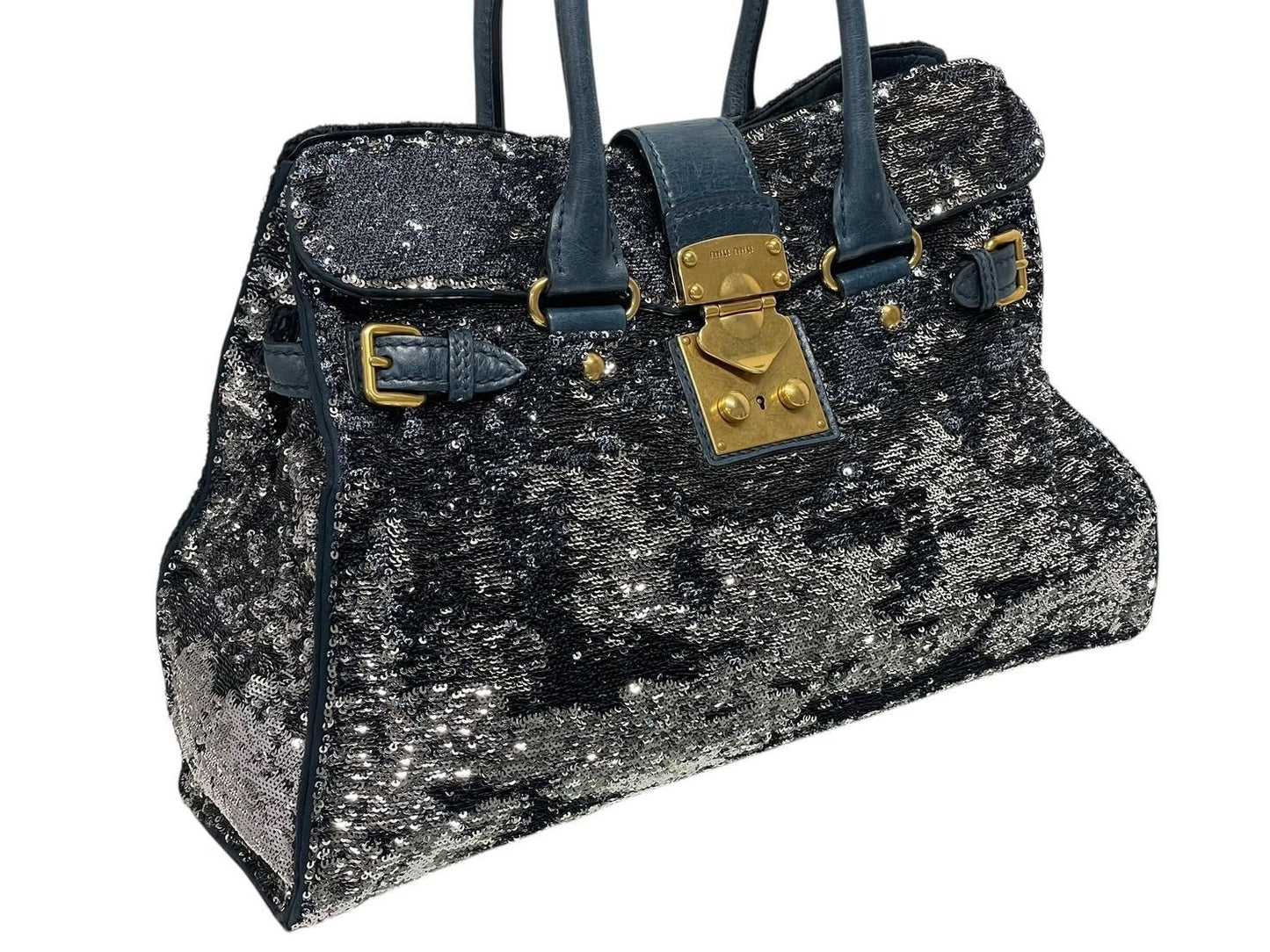 Miu Miu Tote Bag Sequins Leather Blue Navy Silver Gold — view 4