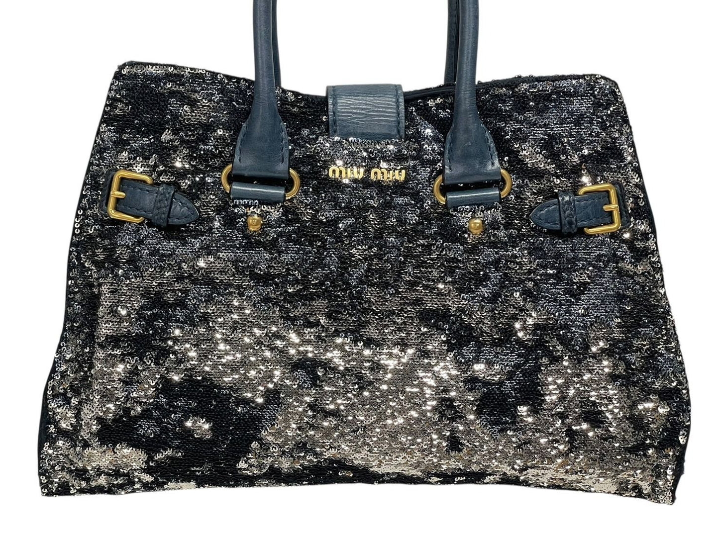 Miu Miu Tote Bag Sequins Leather Blue Navy Silver Gold — view 3