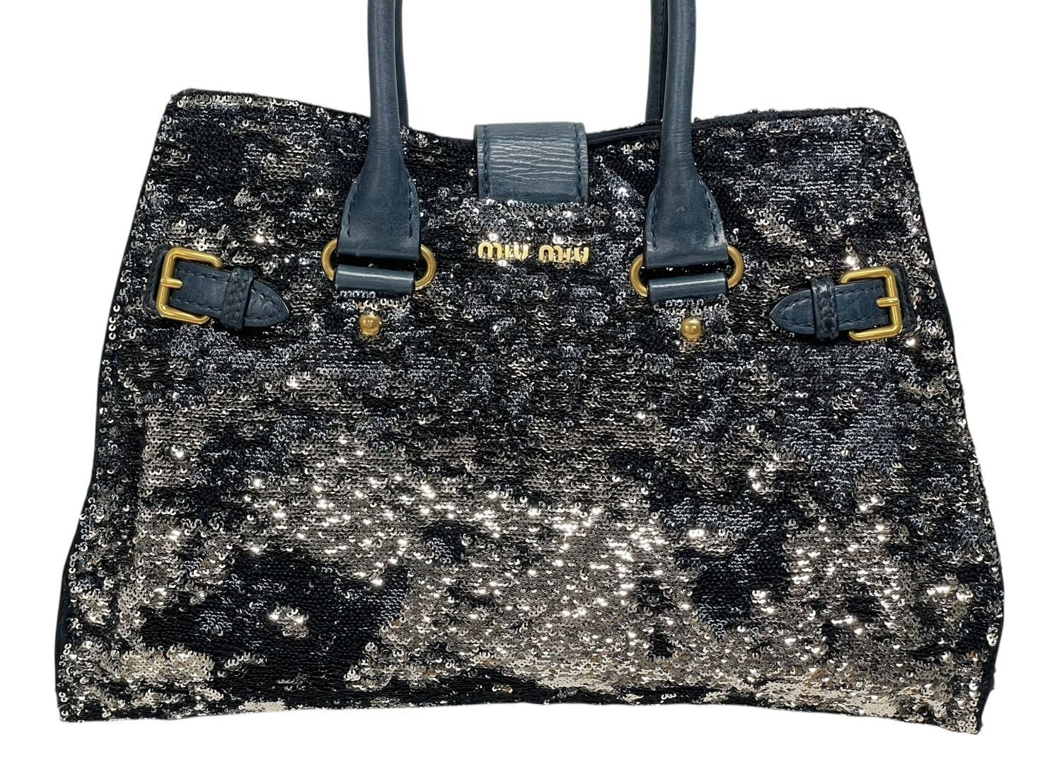 Miu Miu Tote Bag Sequins Leather Blue Navy Silver Gold — view 3