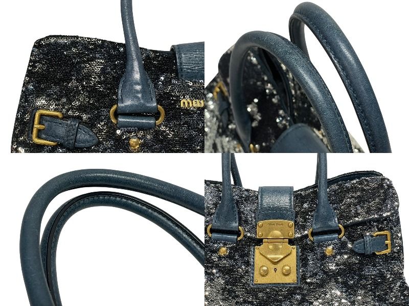 Miu Miu Tote Bag Sequins Leather Blue Navy Silver Gold — view 6