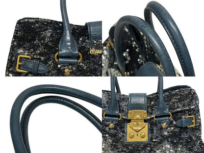 Miu Miu Tote Bag Sequins Leather Blue Navy Silver Gold — view 6