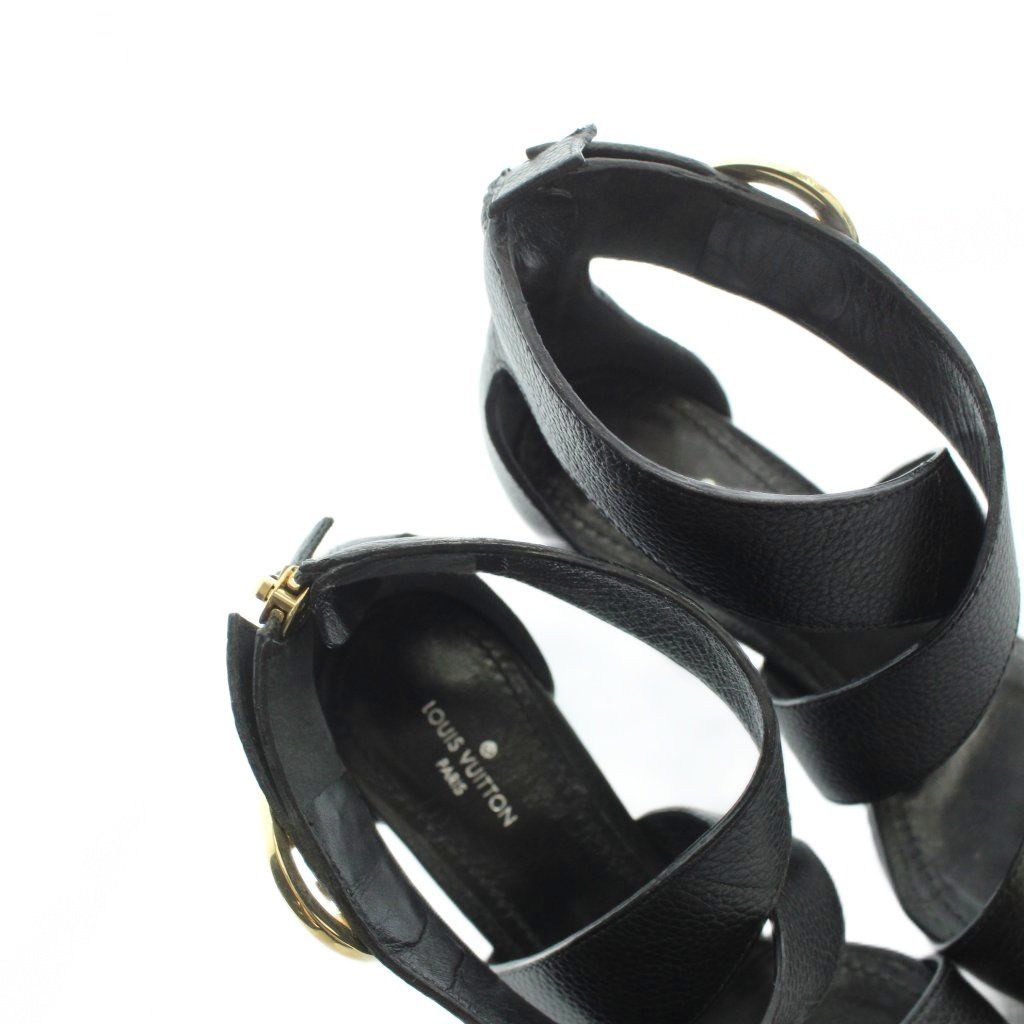 Louis Vuitton Horizon Line Sandals High Heels Logo Leather Gold 34 Black — view 4