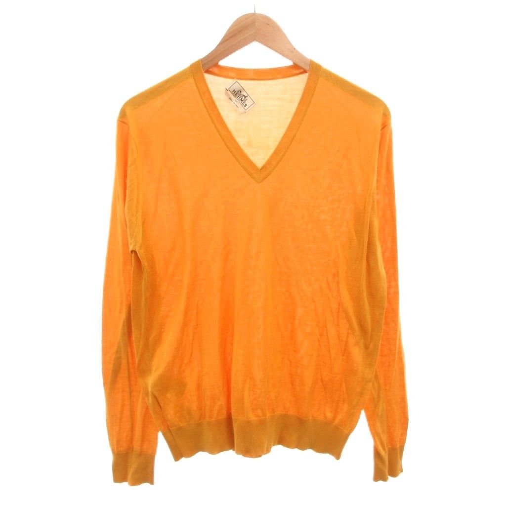 Hermes Knit Sweater Silk Lightweight V-neck Long Sleeve M Yellow