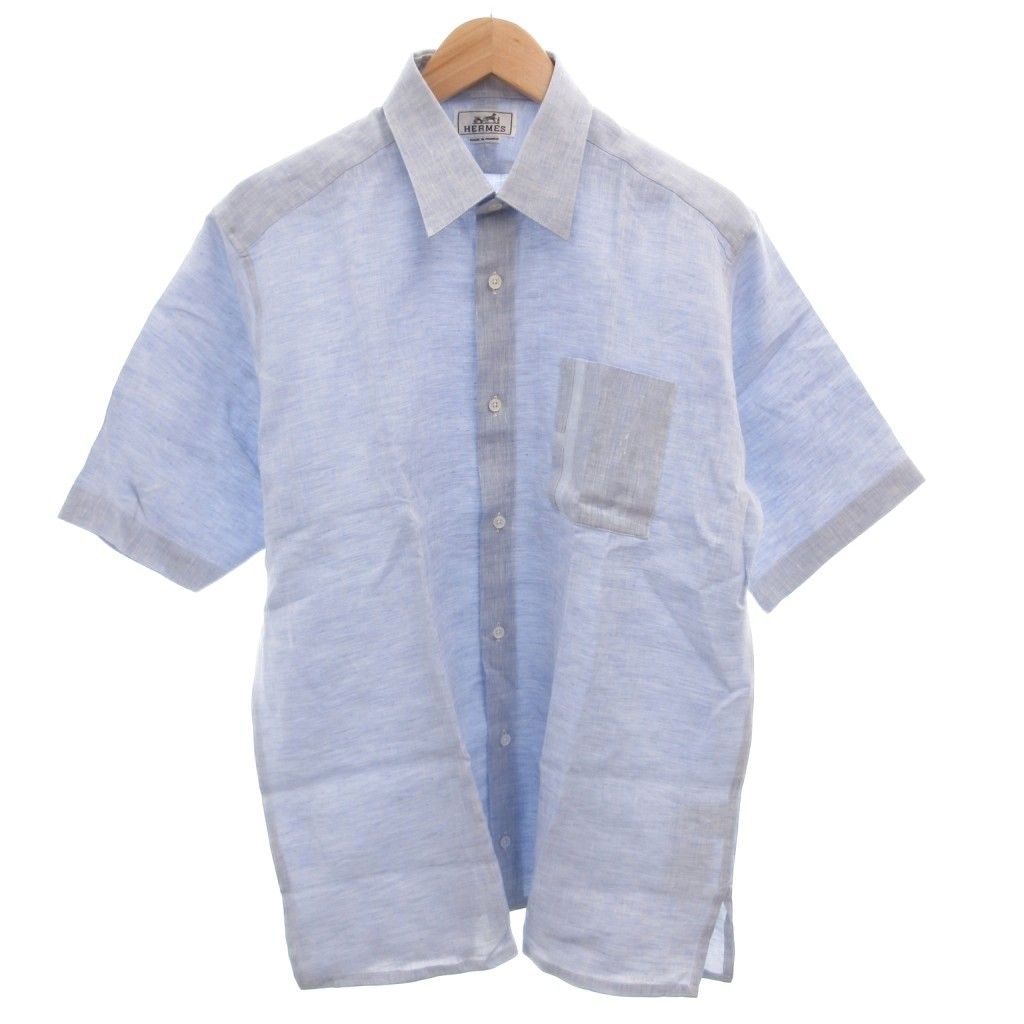Hermes Dress Shirt Short Sleeve Linen Hemp 16 41 Blue
