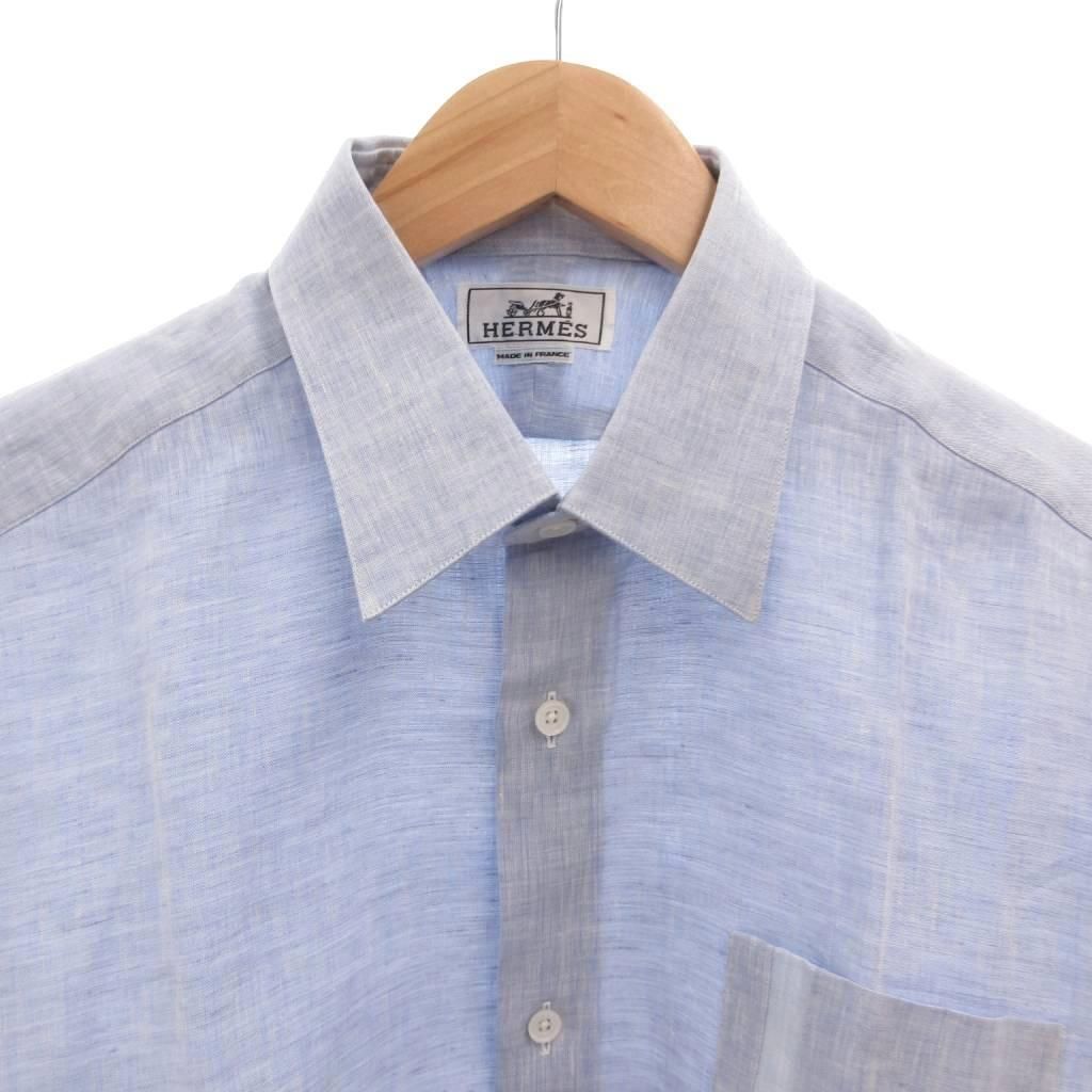 Hermes Dress Shirt Short Sleeve Linen Hemp 16 41 Blue — view 3