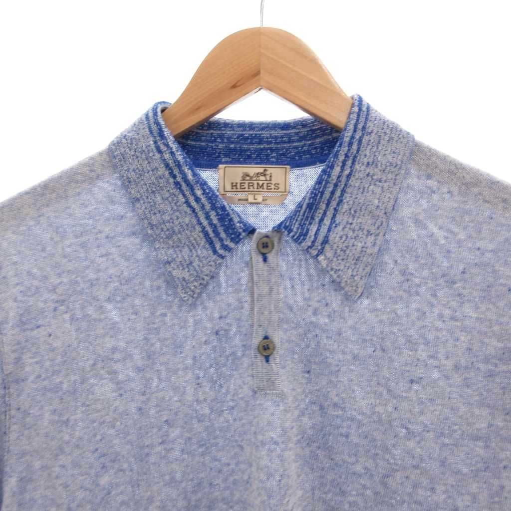 Hermes Polo Shirt Top Linen Silk Blend Short Sleeve L Blue — view 3