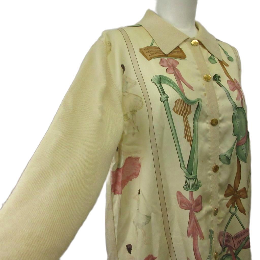 Hermes Cashmere Blend Cardigan Shirt Silk 38 Beige Musical Instrument Pattern — view 4