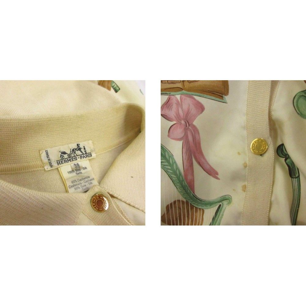 Hermes Cashmere Blend Cardigan Shirt Silk 38 Beige Musical Instrument Pattern — view 7