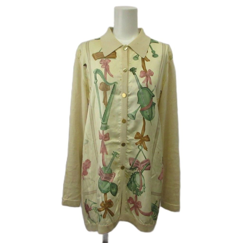 Hermes Cashmere Blend Cardigan Shirt Silk 38 Beige Musical Instrument Pattern