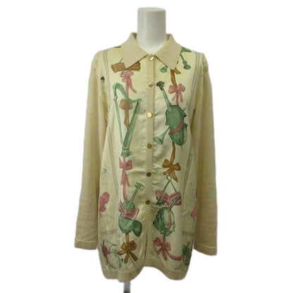 Hermes Cashmere Blend Cardigan Shirt Silk 38 Beige Musical Instrument Pattern