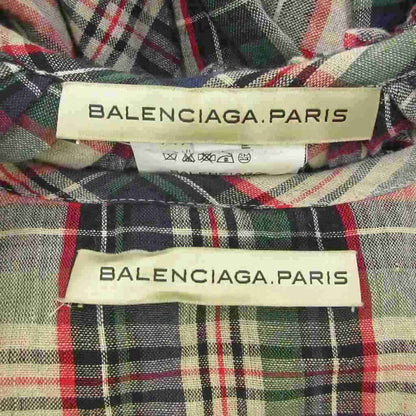 Balenciaga Dress Tunic Hemp Linen L Multicolor Plaid Ruffle Collar Long Sleeve — view 4