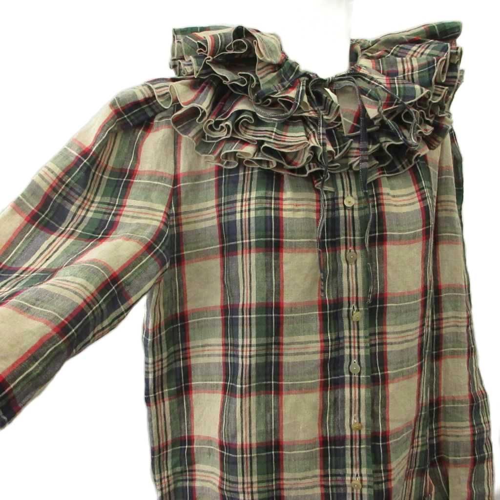 Balenciaga Dress Tunic Hemp Linen L Multicolor Plaid Ruffle Collar Long Sleeve — view 5