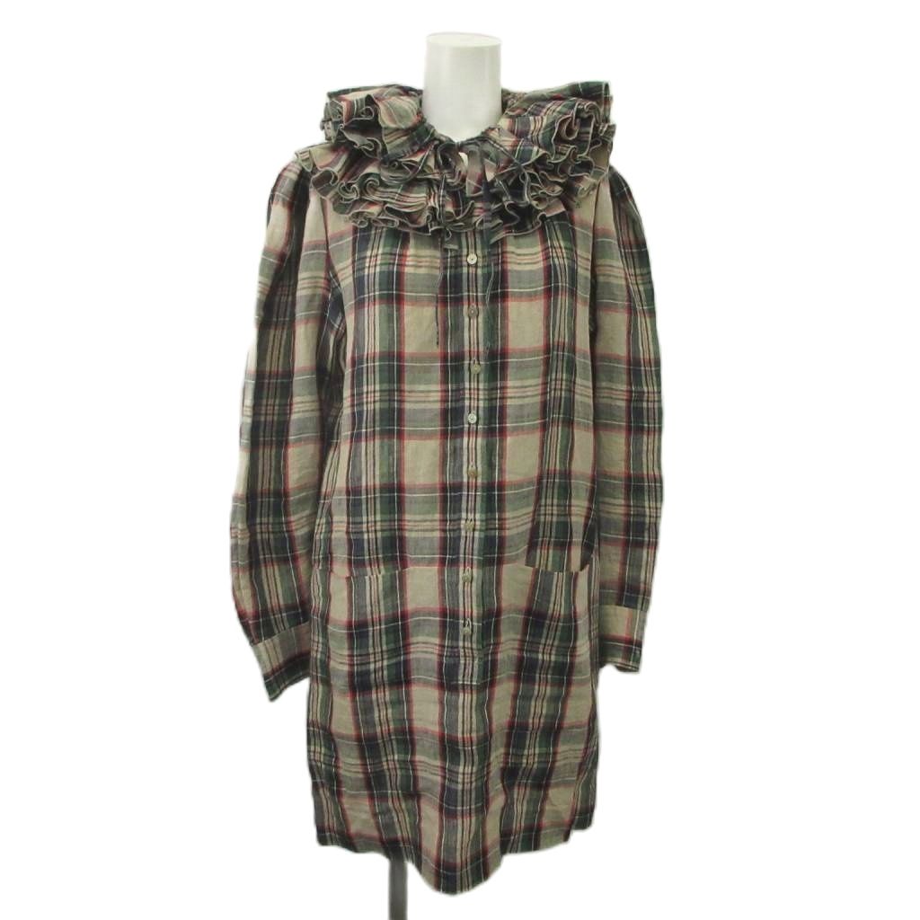 Balenciaga Dress Tunic Hemp Linen L Multicolor Plaid Ruffle Collar Long Sleeve