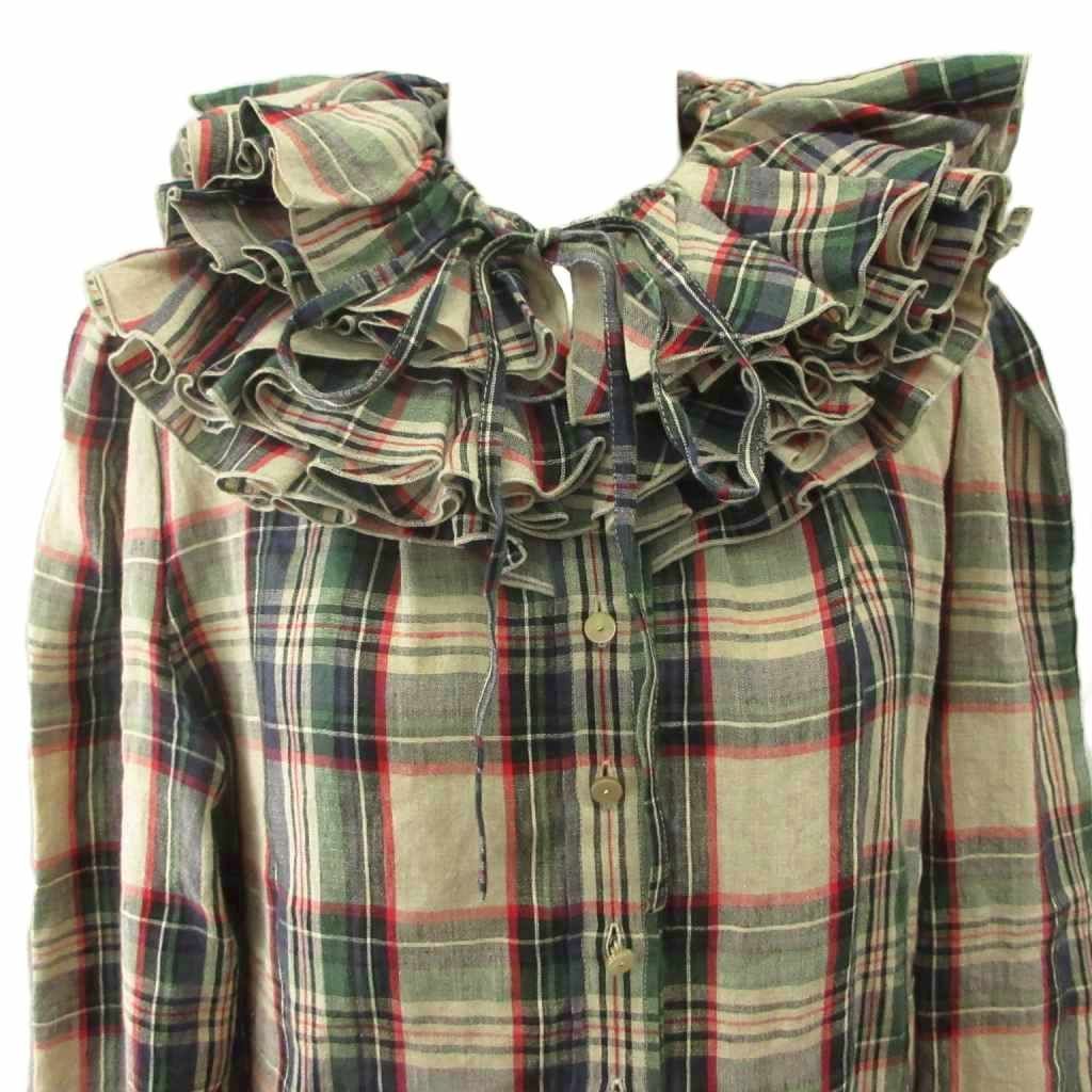 Balenciaga Dress Tunic Hemp Linen L Multicolor Plaid Ruffle Collar Long Sleeve — view 6