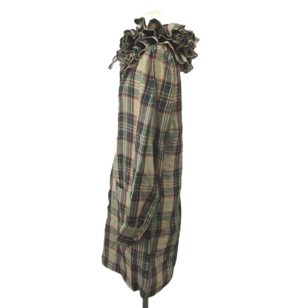 Balenciaga Dress Tunic Hemp Linen L Multicolor Plaid Ruffle Collar Long Sleeve — view 2