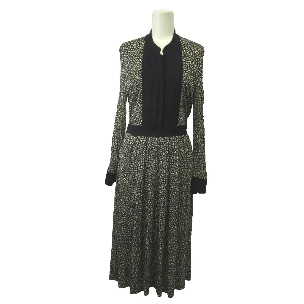 Max Mara Dress Silk 42 Black Geometric Pattern Long Sleeve Pleated Placket KK