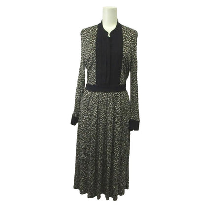 Max Mara Dress Silk 42 Black Geometric Pattern Long Sleeve Pleated Placket KK
