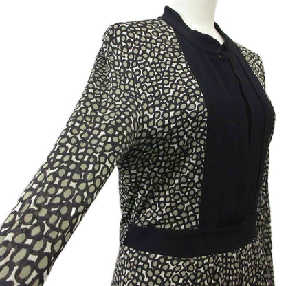 Max Mara Dress Silk 42 Black Geometric Pattern Long Sleeve Pleated Placket KK — view 5