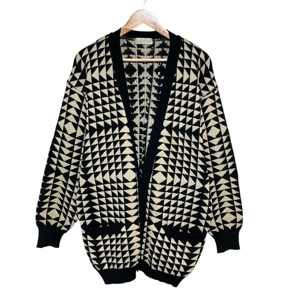 Versace Giovanni Vintage Geometric Pattern Knit Cardigan 50 Black White