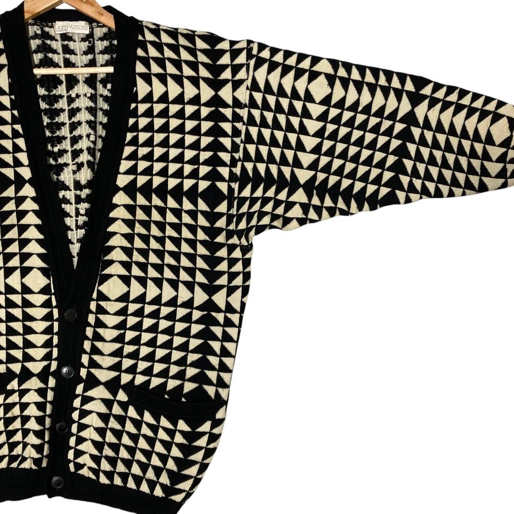 Versace Giovanni Vintage Geometric Pattern Knit Cardigan 50 Black White — view 3