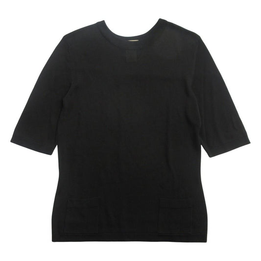 Hermes Rayon Knit Top T-Shirt Front Pocket Vintage Sheer M Black Sweater
