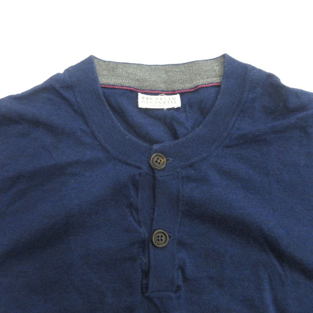 Brunello Cucinelli Henley Neck Knit Sweater Cotton Navy — view 3