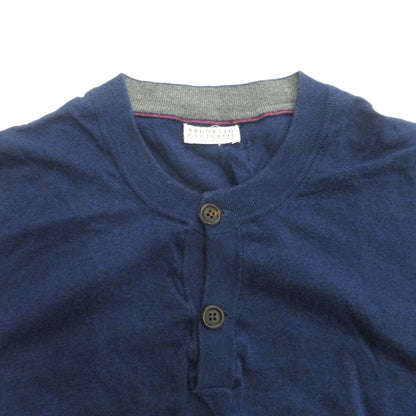 Brunello Cucinelli Henley Neck Knit Sweater Cotton Navy — view 3