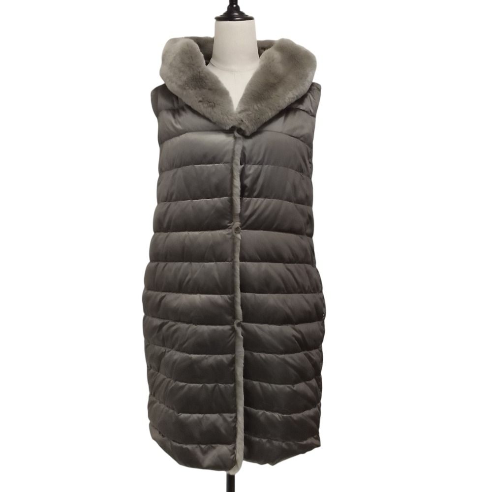 Max Mara the Cube Fur Trim Reversible Down Long Vest 38 Gray