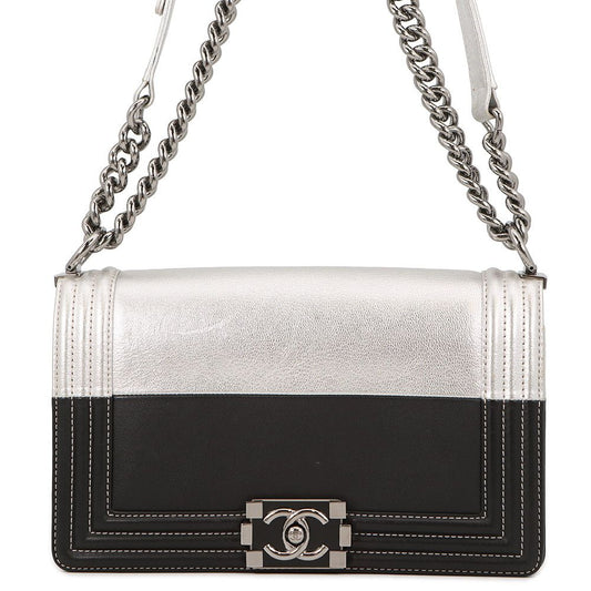Chanel Chain Shoulder Bag Boy 25 CC Logo Bicolor Leather Black