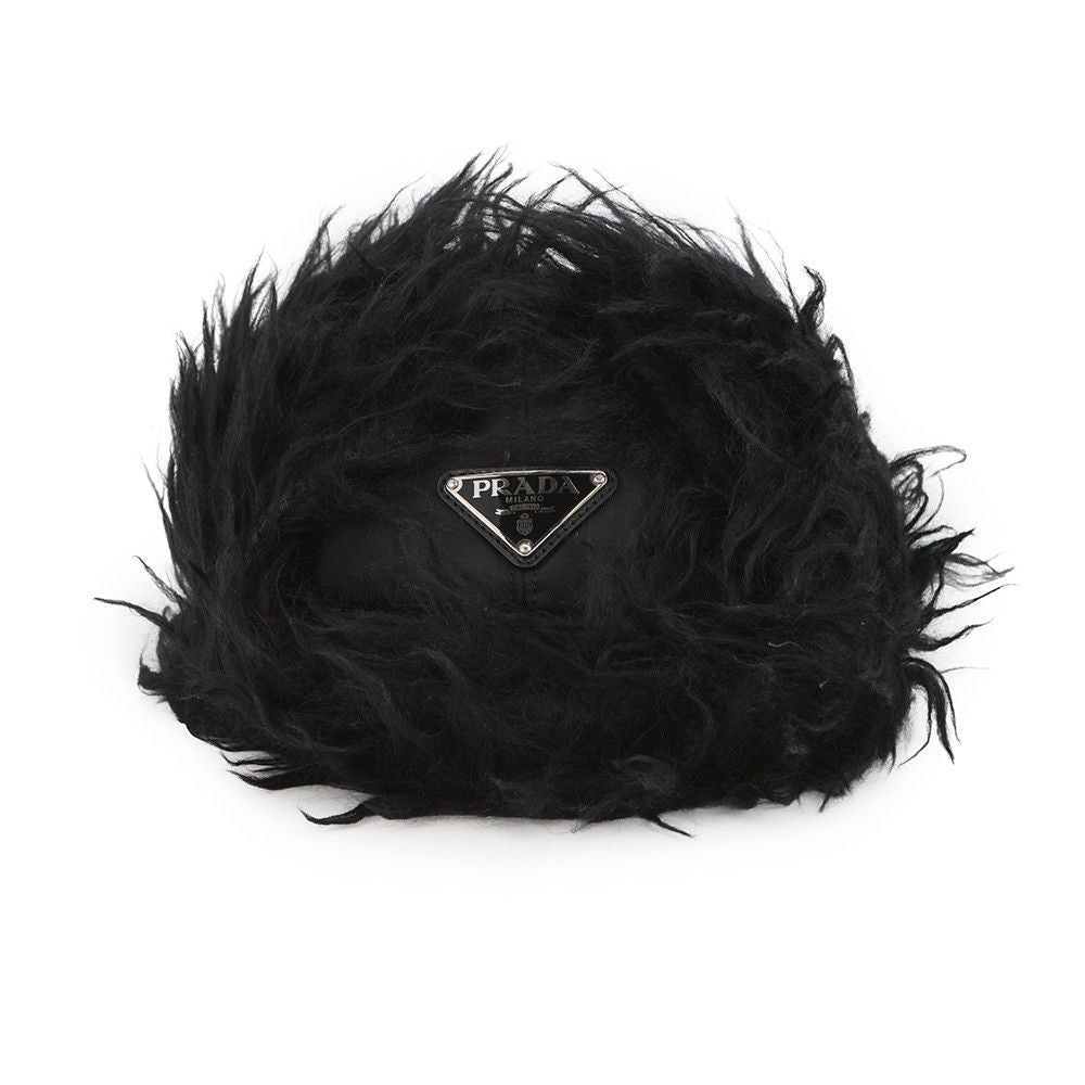 Prada Cap Flight Cap Triangle Logo Nylon Fur L Hat Black — view 4