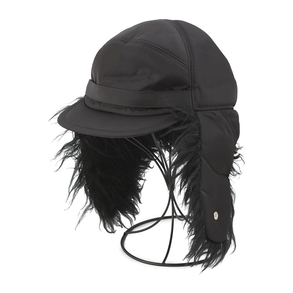 Prada Cap Flight Cap Triangle Logo Nylon Fur L Hat Black — view 2